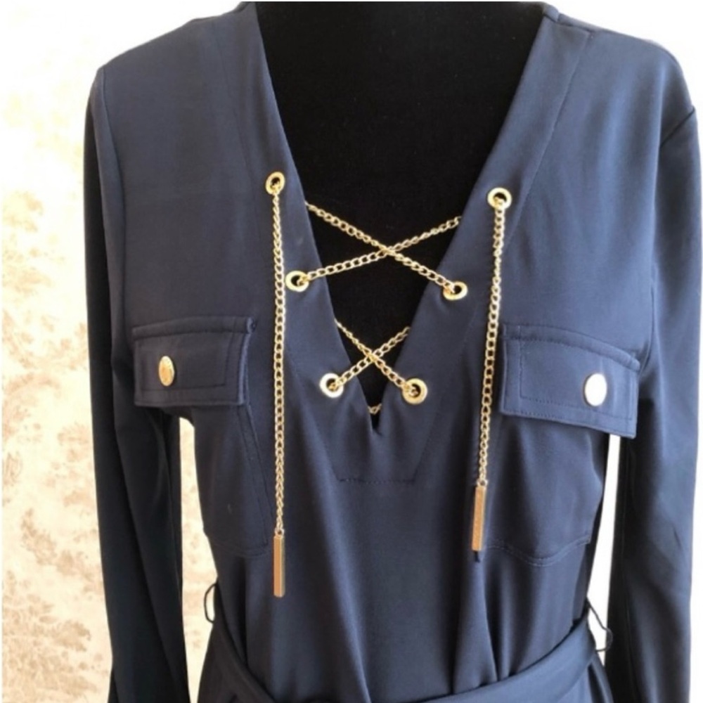 Michael Kors Blue Sheath Dress with Cuffed Sleeves - Picture 2 of 12